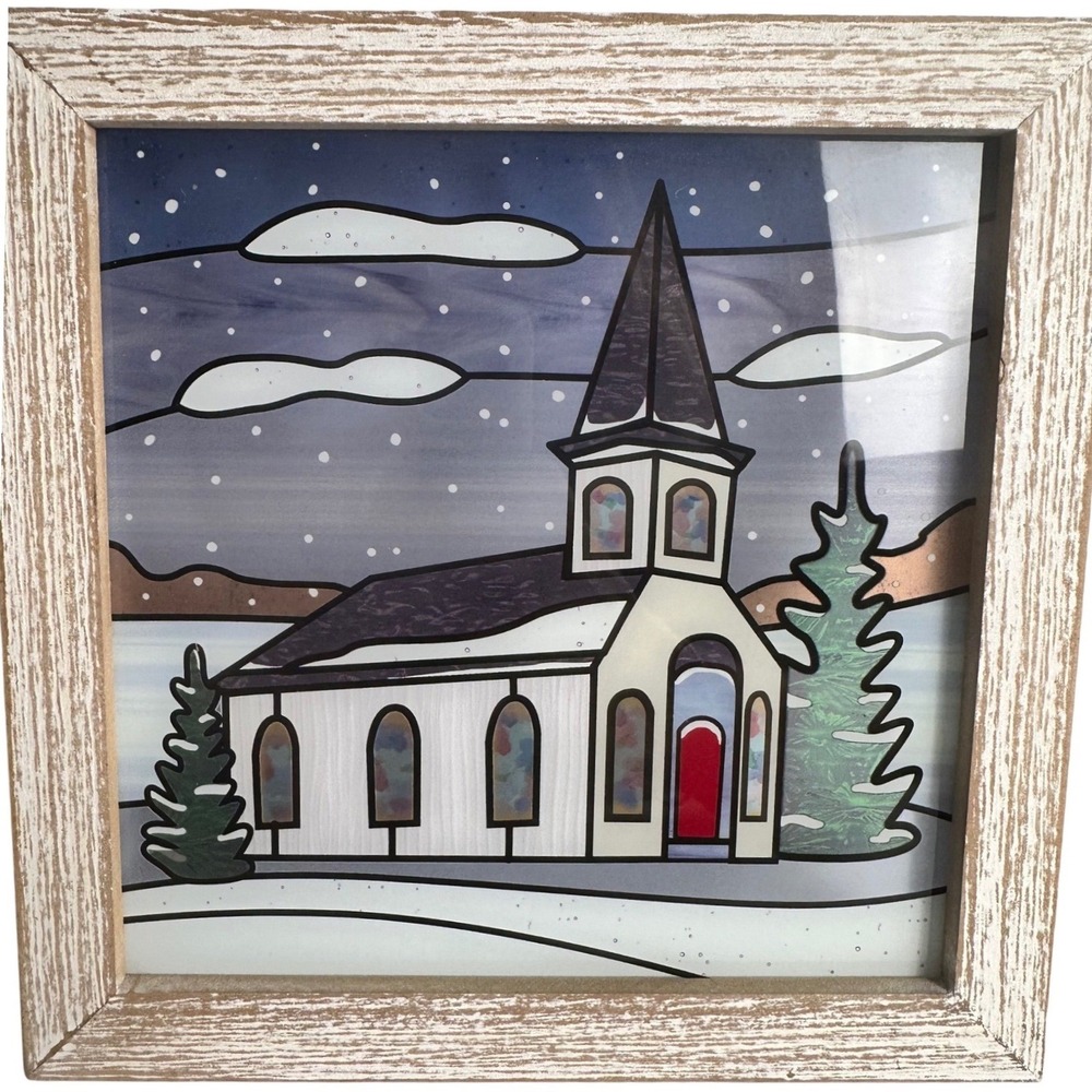 Red Shed Framed Print‎ on Glass Winter Church White 8.5in Rustic Farmhouse Decor